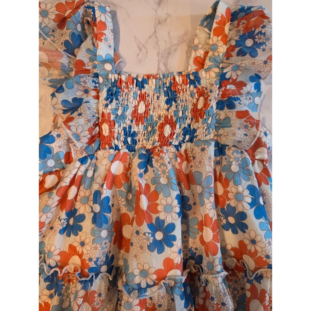 Cheeky Plum Girls Blue Orange Floral Smocked Tiered Flutter Sleeve Dress 6Y